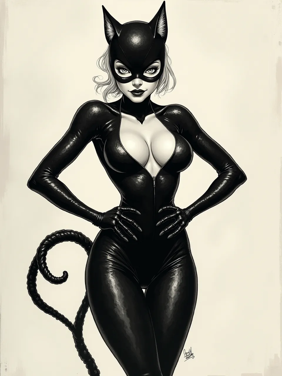 This striking Catwoman artwork, in Aaron Horkey's style, features dramatic chiaroscuro lighting emphasizing sleek, glossy textures. A detailed monochromatic illustration, it beautifully captures a classic printmaking aesthetic.