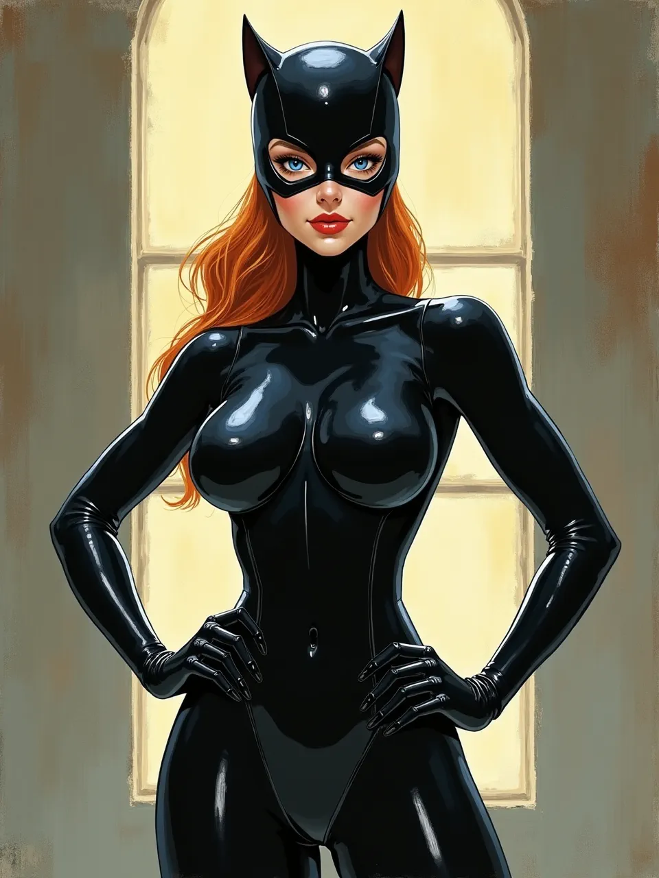 This stunning Aaron Jasinski-style Catwoman showcases dynamic lighting on glossy latex textures. A vibrant digital illustration captures her sleek form, highlighting the reflective suit against a softly painted background.