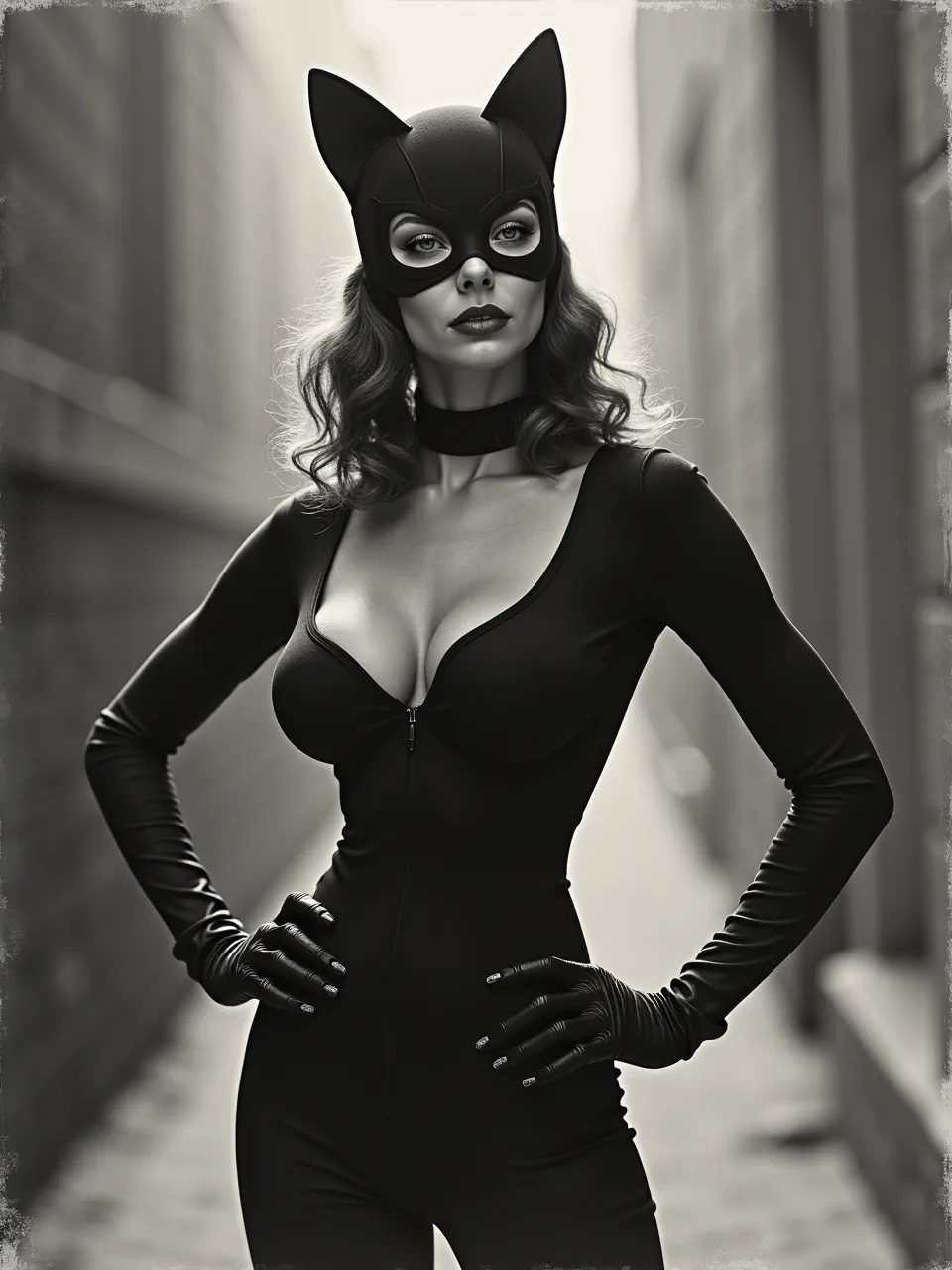 This Abbott Handerson Thayer-inspired Catwoman Flux AI art masterfully uses atmospheric lighting to define sleek, nuanced textures, presented as a classic monochrome digital painting.