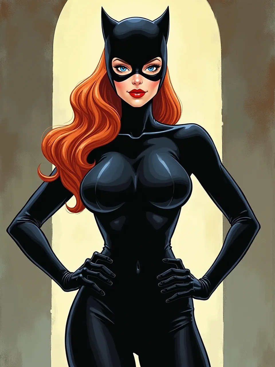 This vibrant Flux AI Catwoman image, in distinct Adam Hughes style, showcases striking lighting accentuating her glossy suit textures. A stunning digital illustration and classic comic art homage.