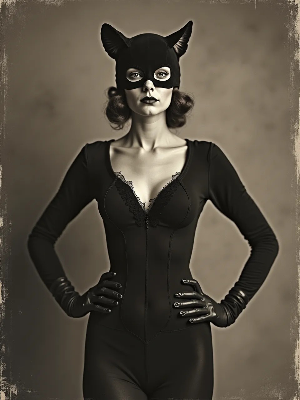 Adolph von Menzel-inspired Catwoman artwork showcasing dramatic lighting and rich textures. This monochrome digital rendering evokes a classic drawing or etching as its artistic medium.