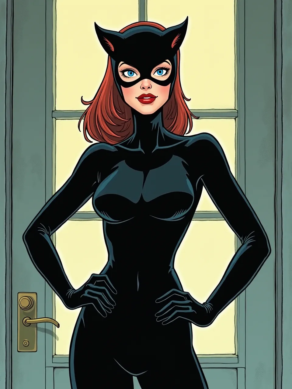 This Adrian Tomine-style Catwoman digital illustration features strong backlighting on sleek, glossy textures. Bold outlines and vibrant flat colors define this iconic graphic novel artwork.