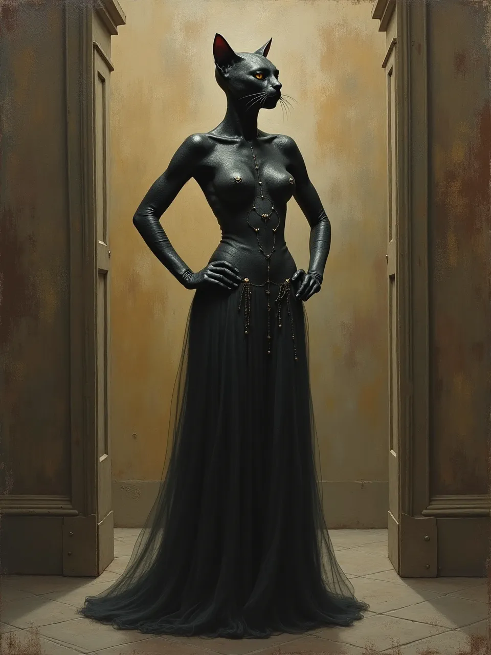 Agostino Arrivabene's style dramatically lights this Catwoman AI art. Rich oil painting textures, from sleek skin to flowing fabric, define this captivating dark fantasy portrait.