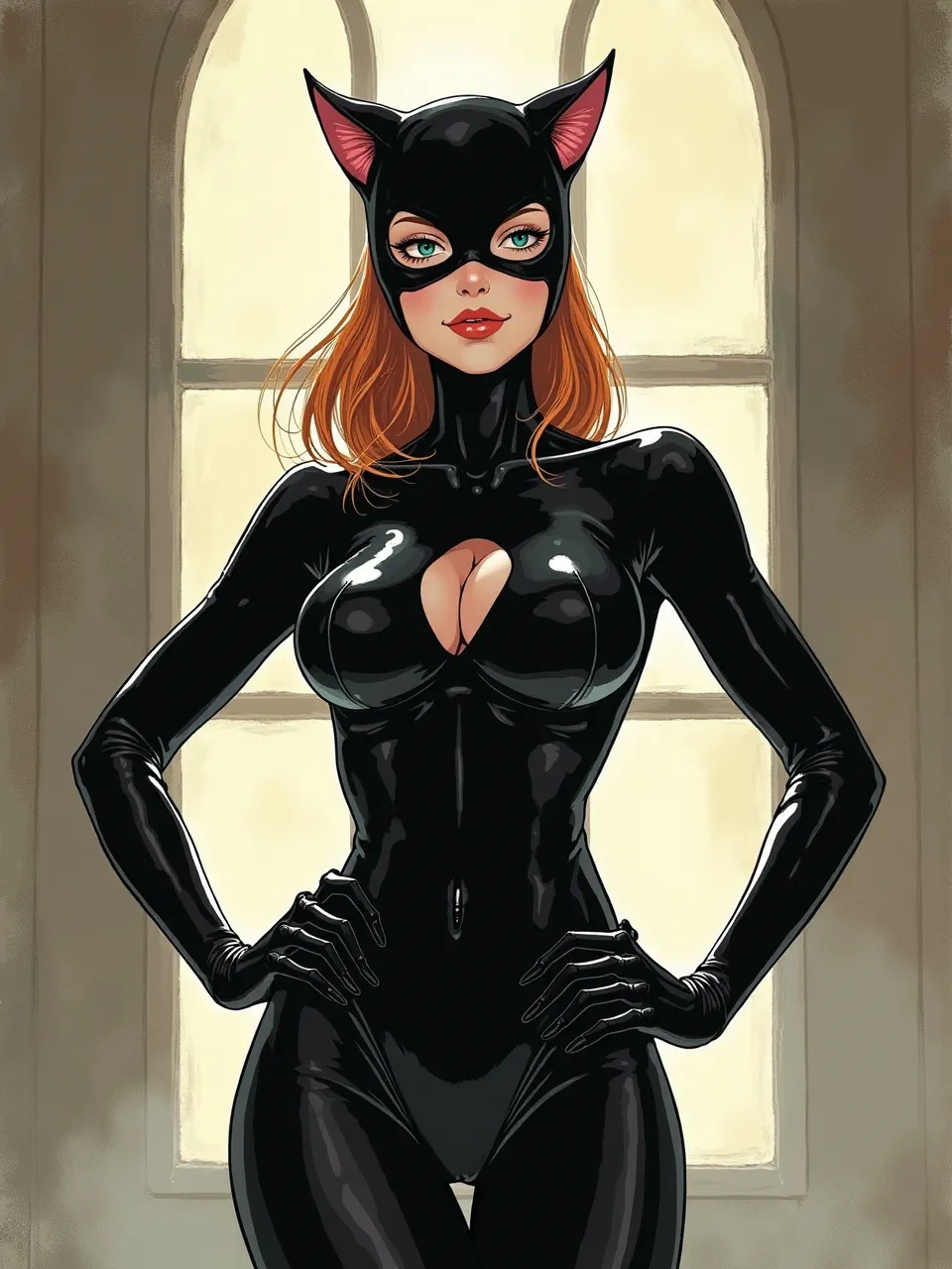This Akihiko Yoshida-inspired digital illustration brilliantly depicts Catwoman. Expert backlighting illuminates the glossy latex textures, creating a striking character design with vibrant detail, true to the artistic medium.