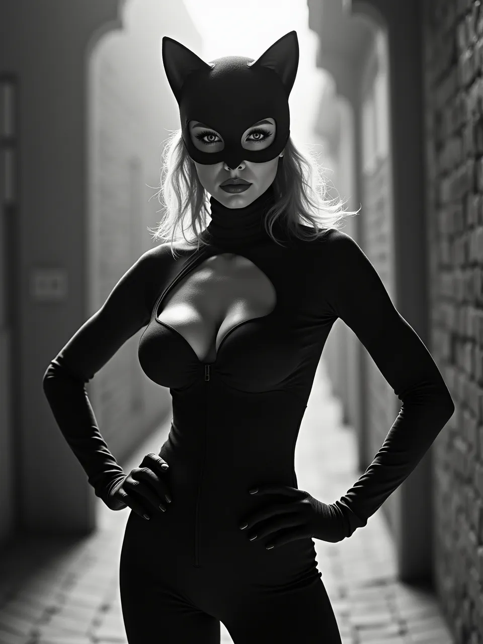 Experience Catwoman in Akira Kurosawa's style: dramatic monochromatic lighting, rich textures, and deep shadows define this striking AI digital art. A gritty, cinematic vision.