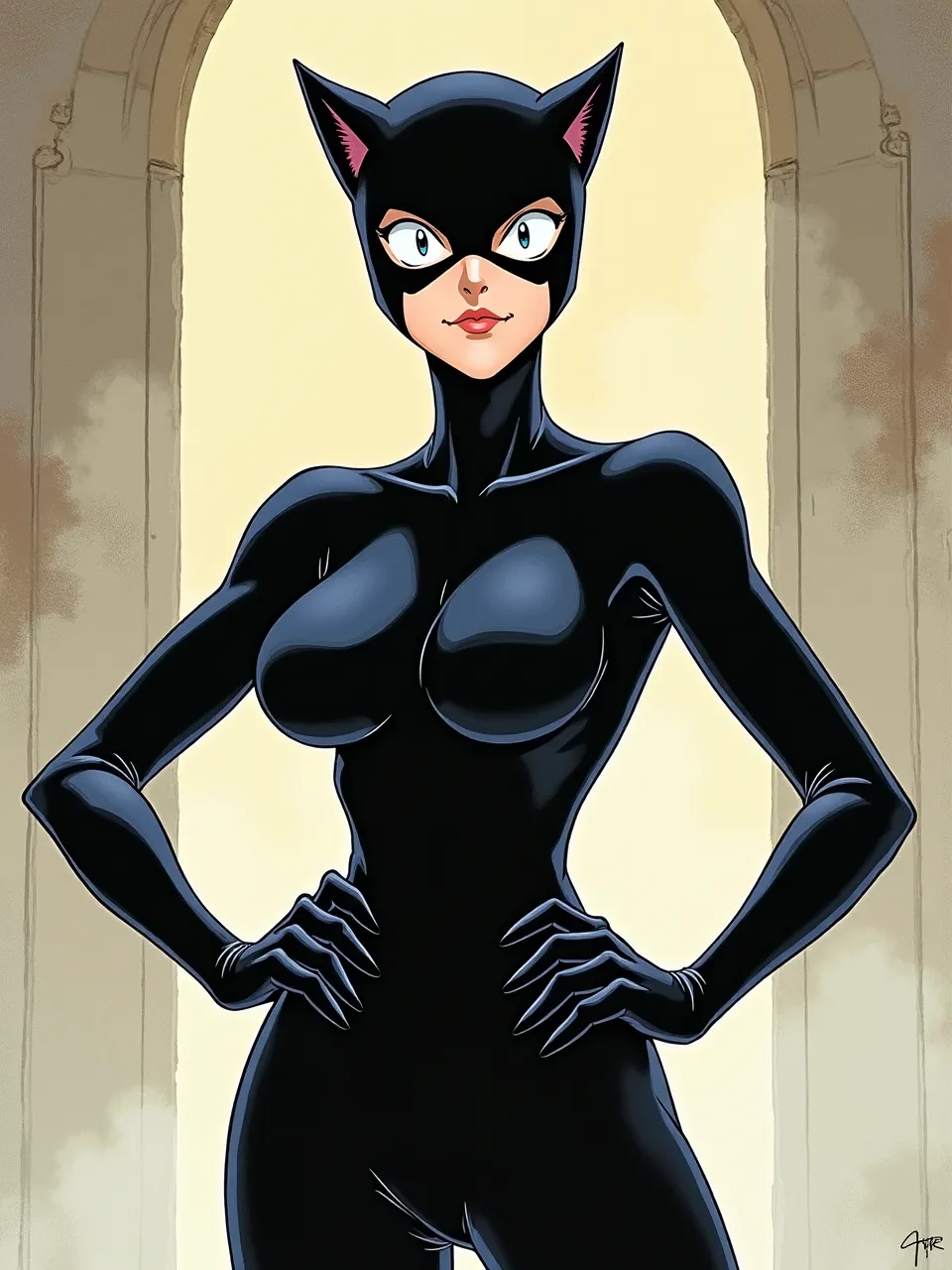 This Flux AI image features a stunning Akira Toriyama-style Catwoman. Vibrant digital illustration showcases dramatic backlighting, glossy catsuit textures, and clean manga art, capturing her iconic comic essence.
