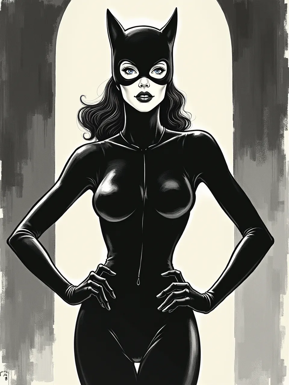 This Al Williamson's Catwoman, crafted in high-contrast ink and brush style. Dramatic lighting illuminates sleek, glossy textures in iconic black and white illustration.