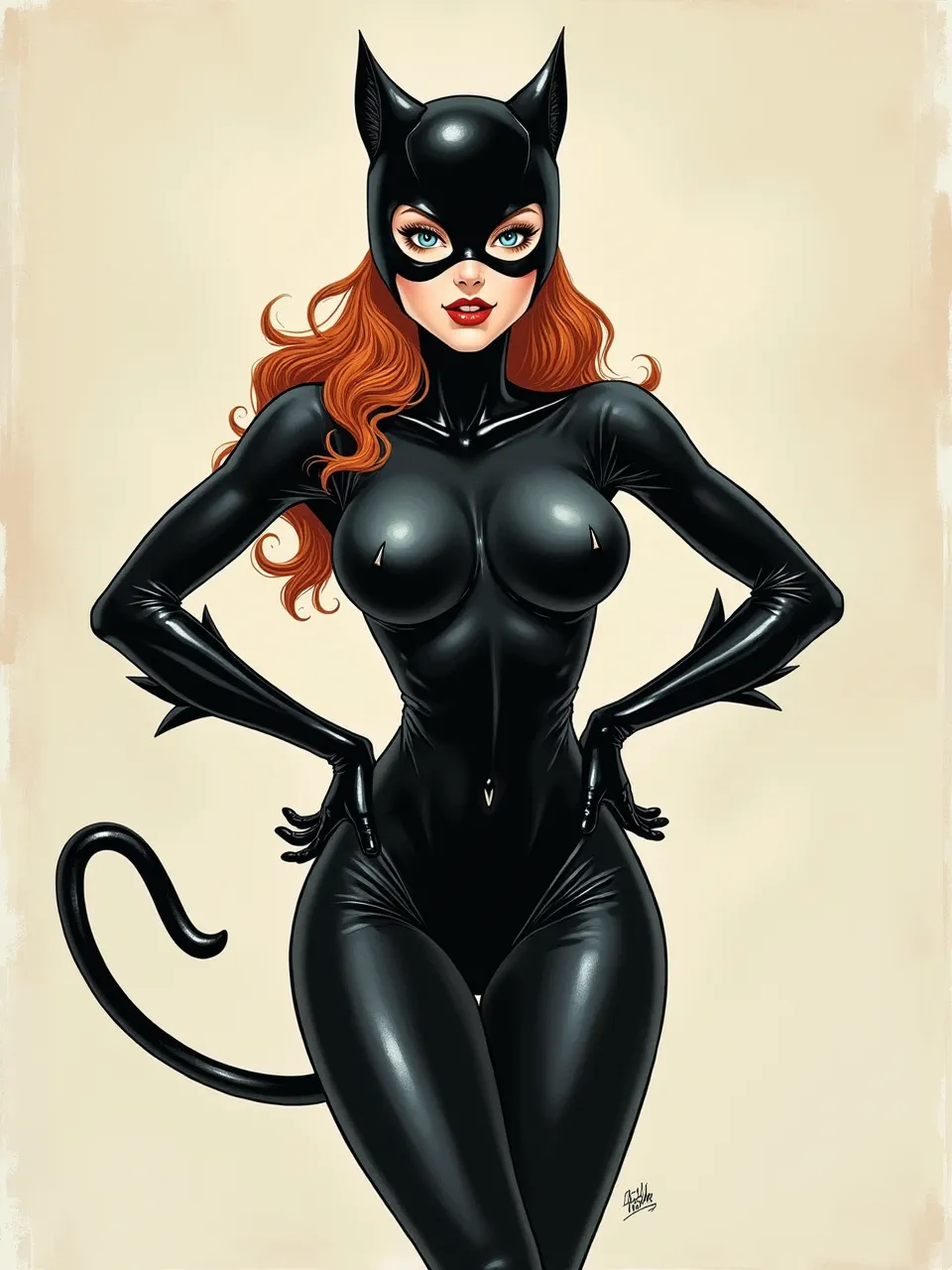 Flux AI's vibrant Catwoman generation features dramatic lighting on glossy latex textures. This captivating, Alan Lee-influenced digital painting showcases classic comic book allure and exquisite detail.