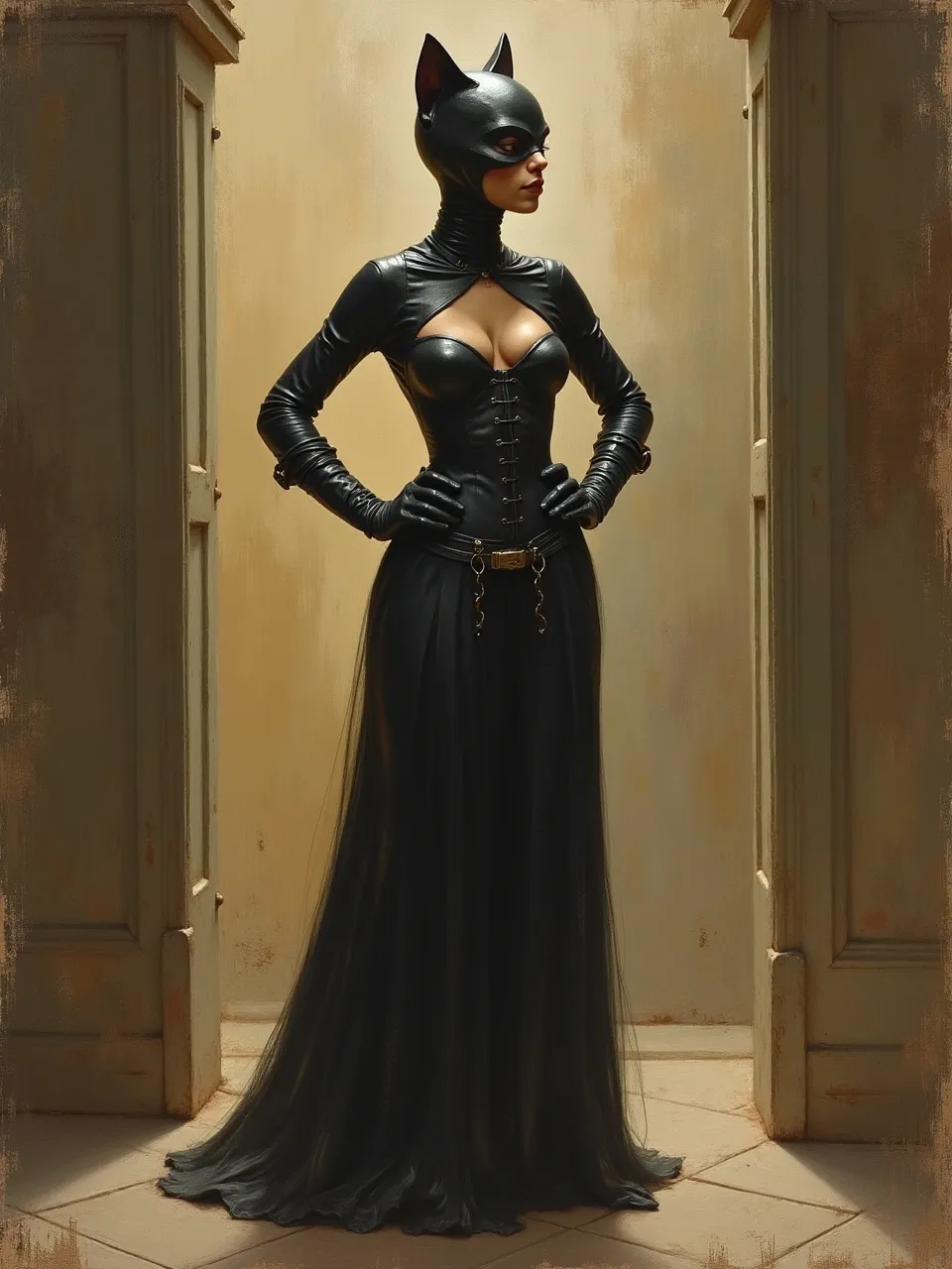 Albert Bierstadt's dramatic lighting sculpts Catwoman's rich leather and flowing textile textures. This AI oil painting masterfully blends classical style with modern vibrancy.