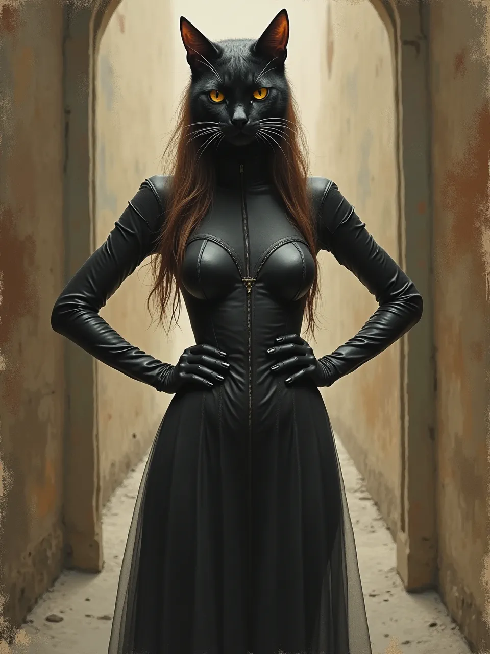 This captivating Catwoman AI art, evoking Albert Goodwin's painterly style, features dramatic lighting, intricate leather textures, and a masterfully rendered digital painting aesthetic.