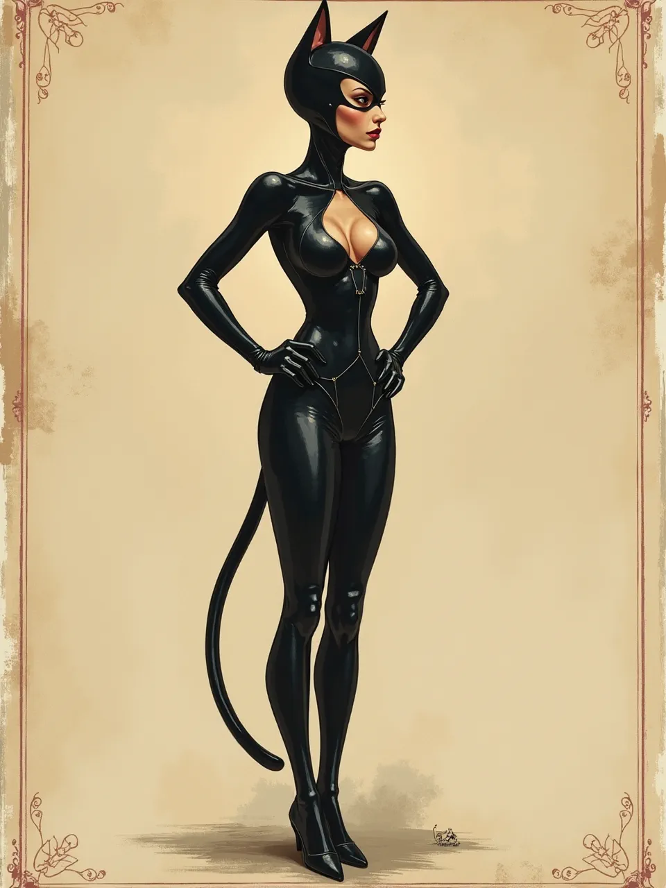 This captivating Albert Robida-inspired Catwoman illustration features striking glossy textures and expertly crafted lighting. A vintage digital artwork, it perfectly blends classic allure with comic book aesthetics.