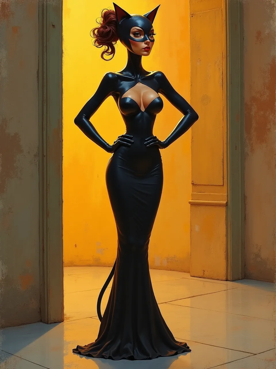 This captivating Catwoman by Alberto Morrocco, a digital painting, showcases dramatic lighting on glossy latex textures. The painterly artistic medium creates striking visual depth.