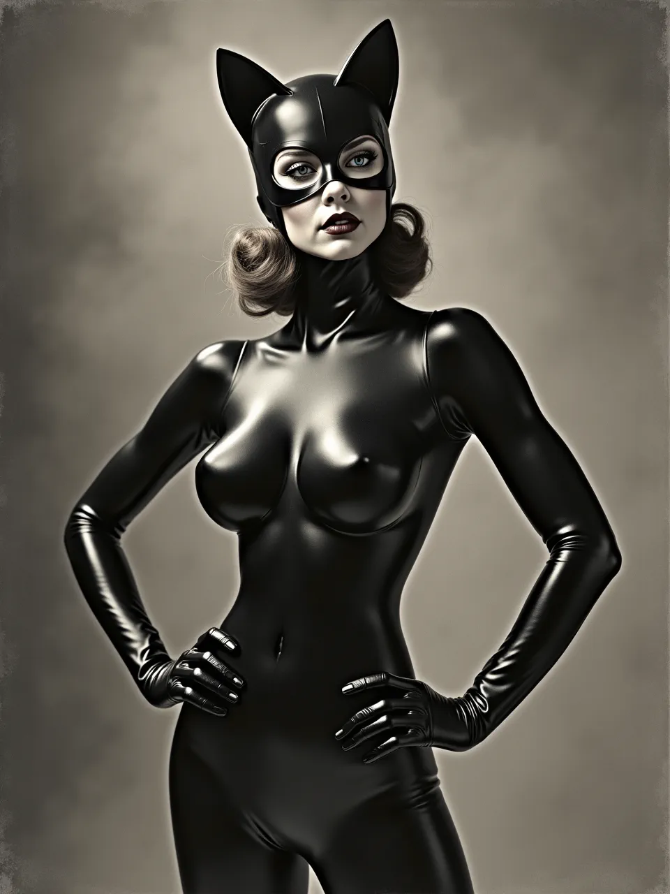 This Flux AI generated Catwoman image, channeling Alberto Seveso's flair, uses dramatic lighting to accentuate glossy latex textures in a striking digital photograph, blending modern and vintage appeal.