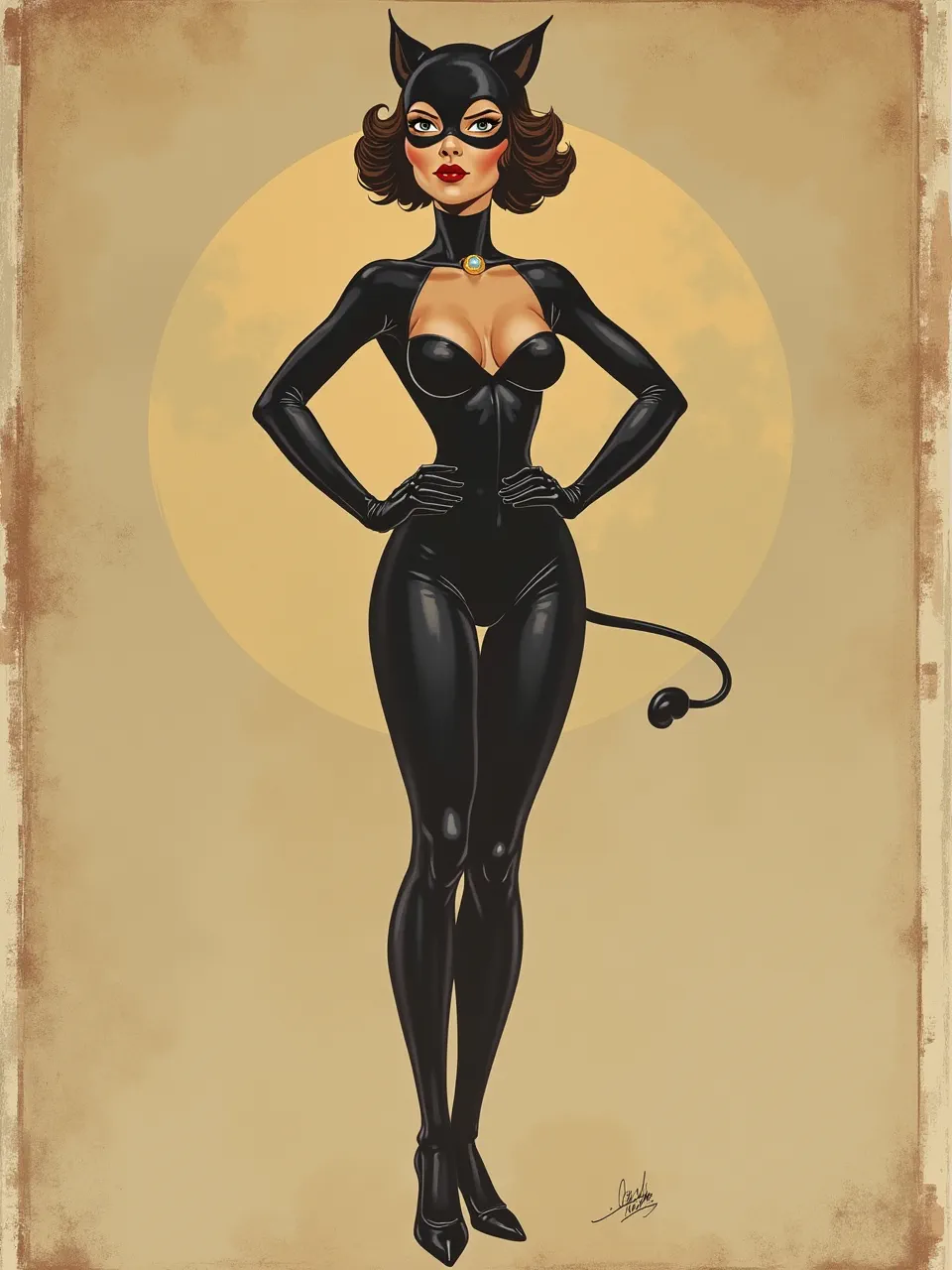 This Flux AI generated Catwoman artwork, in iconic Alberto Vargas style, showcases exquisite airbrushed lighting and glossy latex textures. A classic pin-up digital painting with vintage allure.