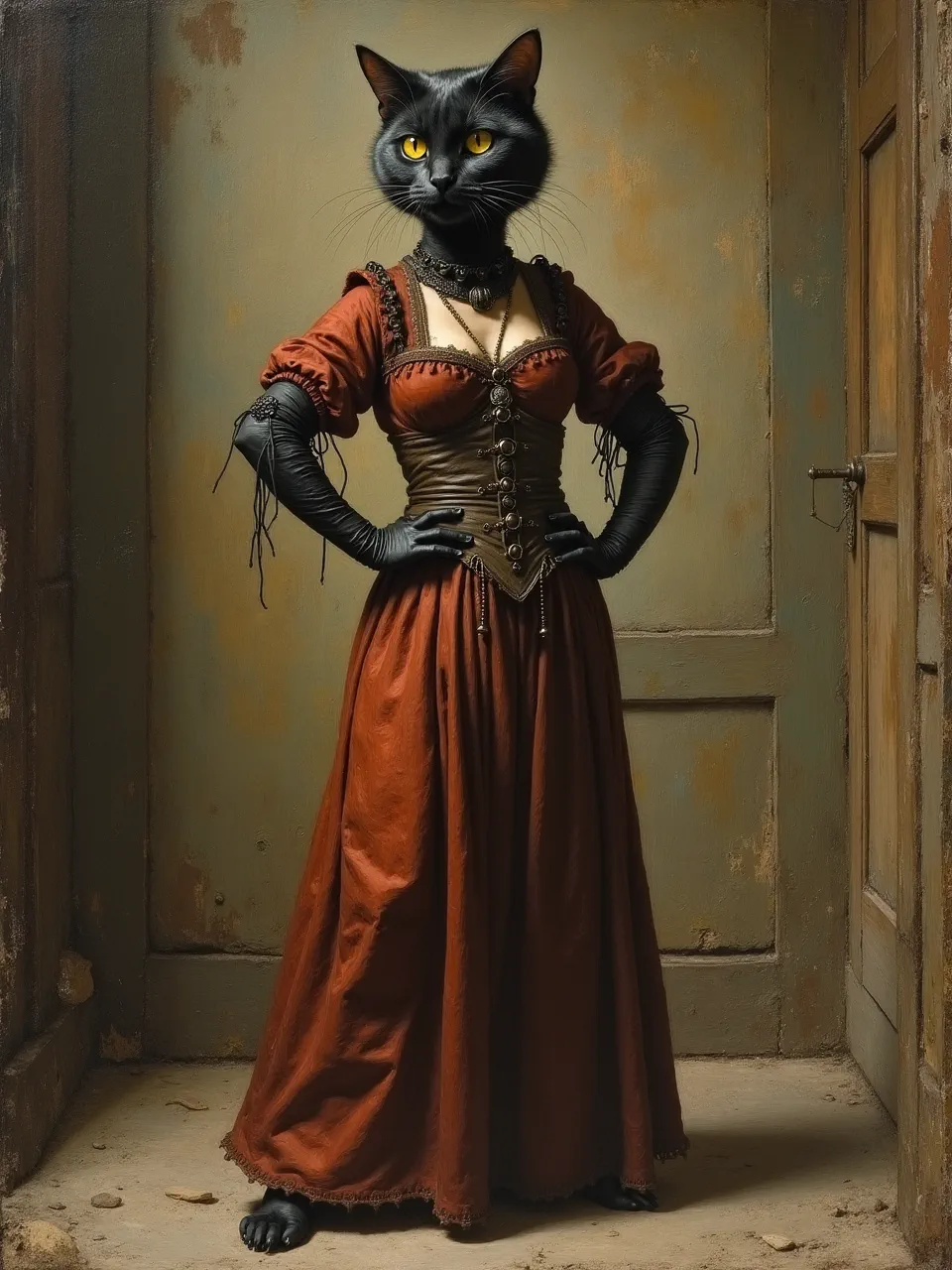Discover an "Albrecht Altdorfer" inspired "Catwoman" generation, featuring dramatic chiaroscuro lighting, rich, painterly fabric textures, and intricate details characteristic of oil on canvas.