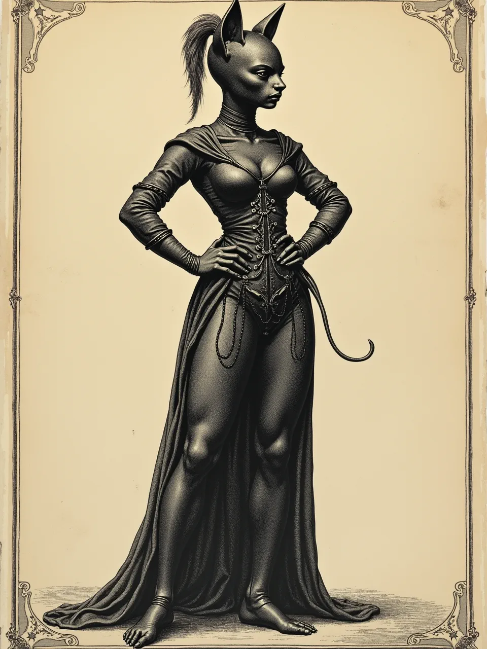 This masterful Albrecht Durer-style Catwoman engraving uses dramatic chiaroscuro lighting and intricate cross-hatch textures. A striking graphic homage rendered with meticulous linework.