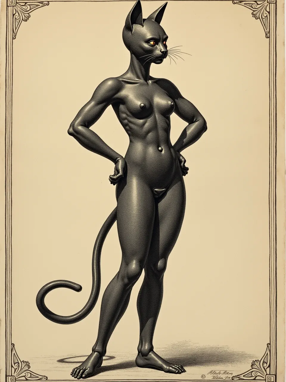 This Aldus Manutius style AI Catwoman features dramatic chiaroscuro lighting, meticulous stipple textures, and intricate engraving. A striking vintage print showcases her powerful form.