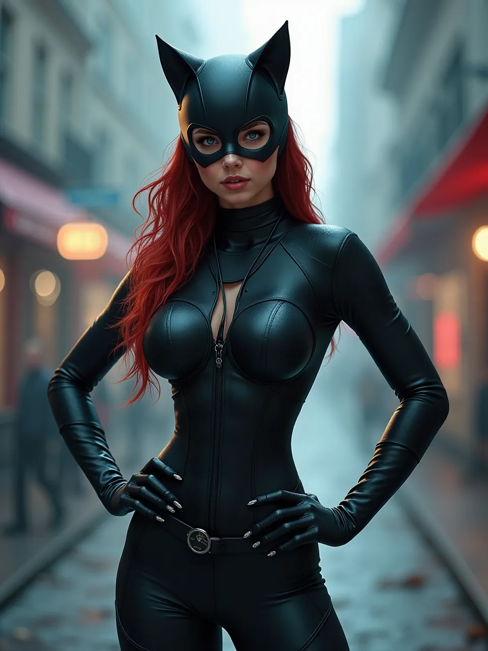 Captivating Alena Aenami-style Catwoman AI generation. Luminous, diffused lighting highlights rich, tactile leather textures, defining this stunning digital art piece's artistic medium.