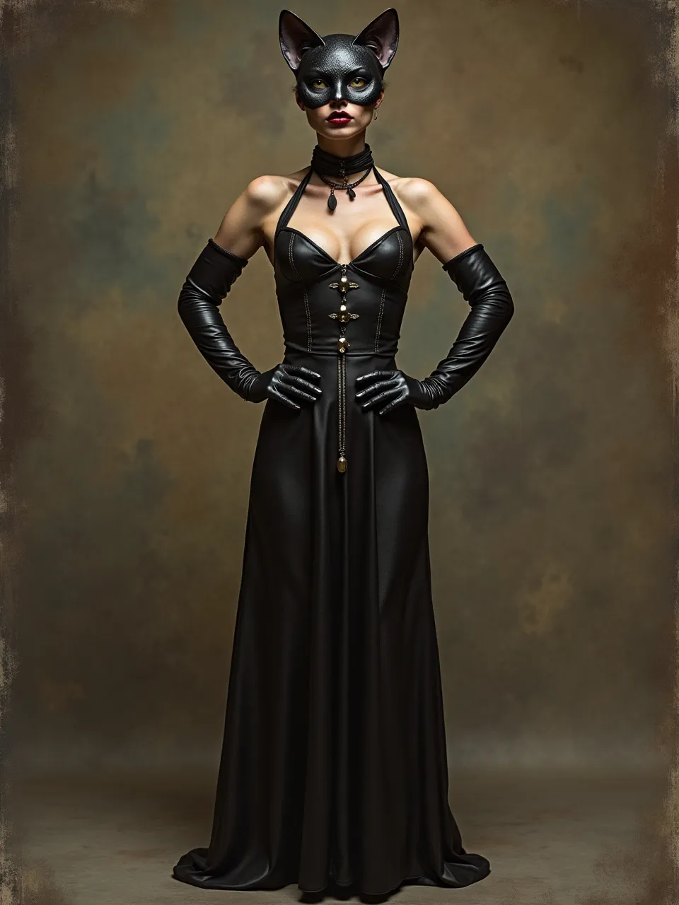 Alessandro Allori's influence defines this Catwoman portrait: exquisite chiaroscuro lighting, luxurious leather textures, and masterful oil painting detail create a captivating digital artwork.