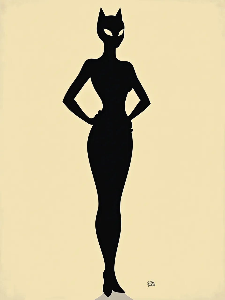 This Flux AI image, in Alessandro Gottardo's signature style, presents Catwoman through stark minimalist lighting. Flat digital textures define her powerful, glowing-eyed silhouette, creating an iconic graphic illustration.