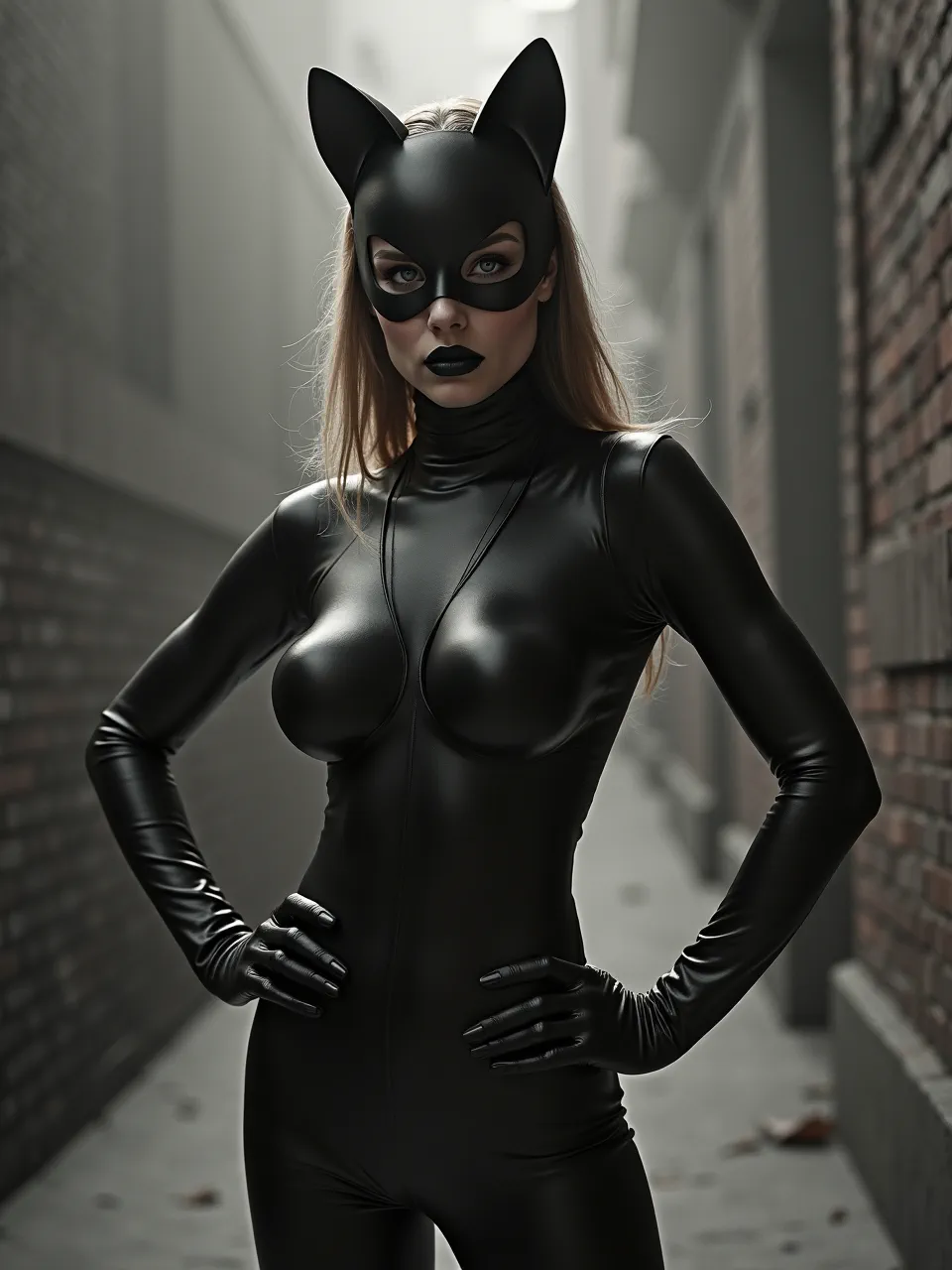 Alessio Albi’s signature lighting elevates this Catwoman portrait. Hyperrealistic, glossy latex textures define this cinematic digital photography, creating a powerful, moody ambiance.