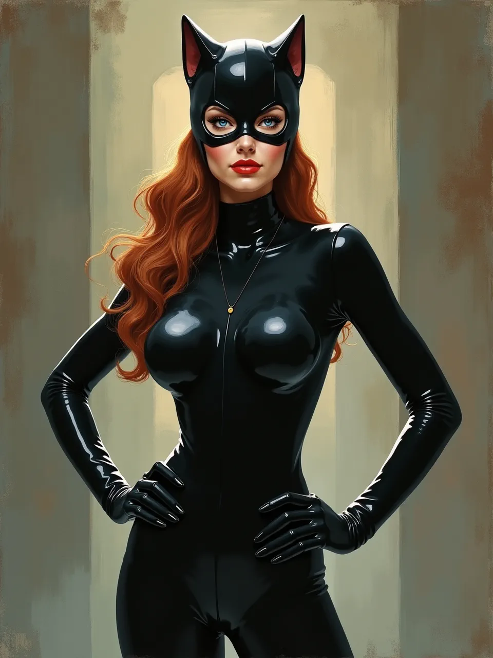 This striking Catwoman portrait, in the distinctive Alex Gross style, features dramatic lighting highlighting glossy latex textures and vibrant hair, rendered as hyperrealistic digital painting against a painterly background.
