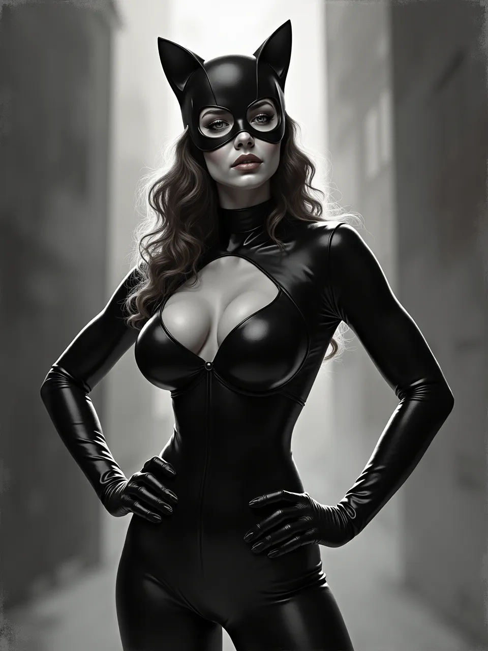 This Alex Horley-inspired Catwoman digital painting features dramatic chiaroscuro lighting and meticulously rendered, glossy latex textures, capturing her iconic superhero aesthetic with powerful artistic medium fidelity.