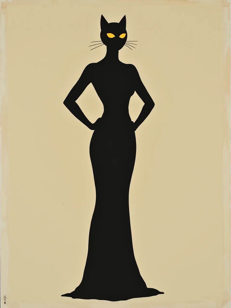 This Flux AI Catwoman generation, in Alex Katz's minimalist style, features striking flat lighting, smooth, uniform textures, and a bold black silhouette, expertly mimicking a classic serigraph print.