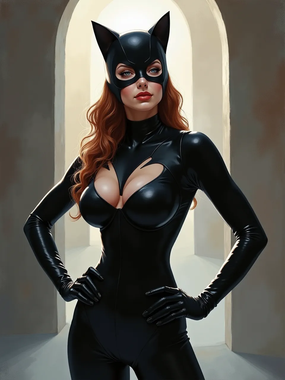 Dynamic Catwoman, rendered in Alex Maleew's signature style. This Flux AI generation highlights dramatic lighting and sleek, glossy textures, crafting a compelling digital comic art masterpiece.