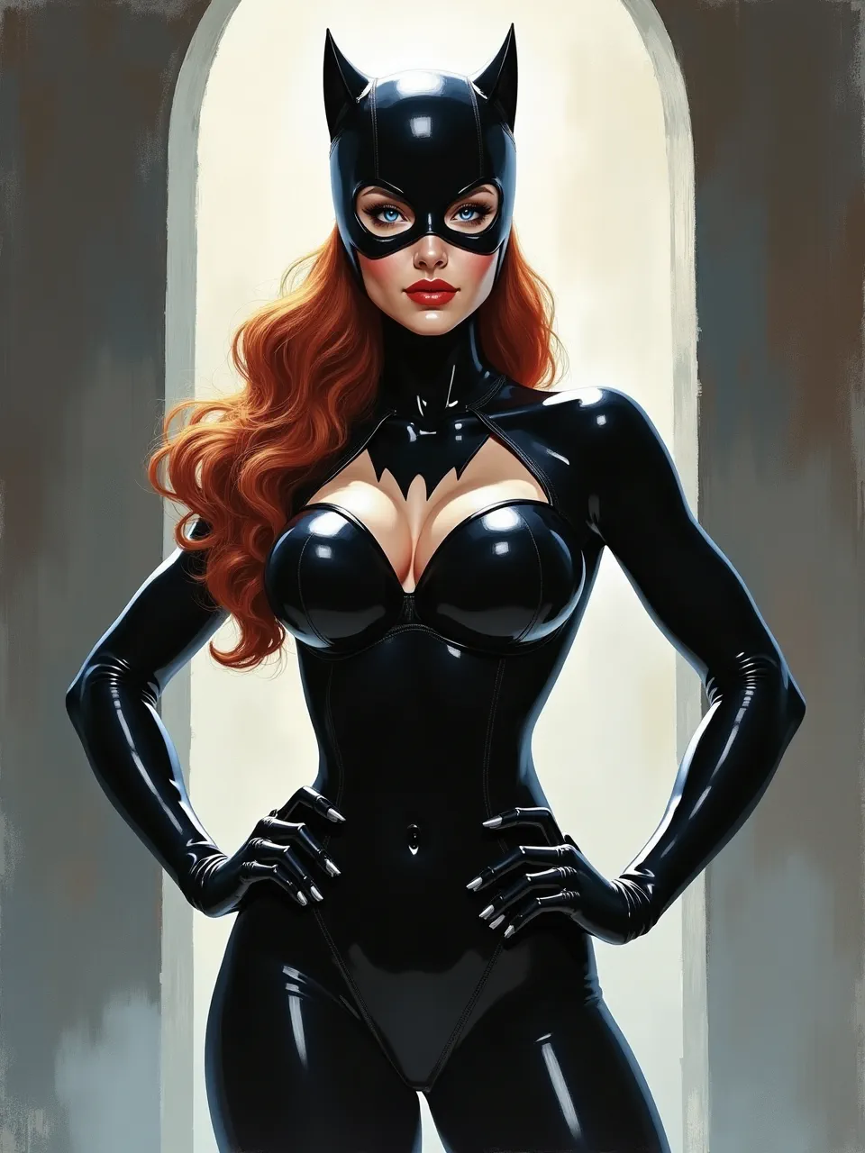 This Flux AI Catwoman generation brilliantly captures the Alex Ross style. Dramatic lighting intensifies glossy latex textures and flowing red hair, showcasing masterful digital painting artistry.