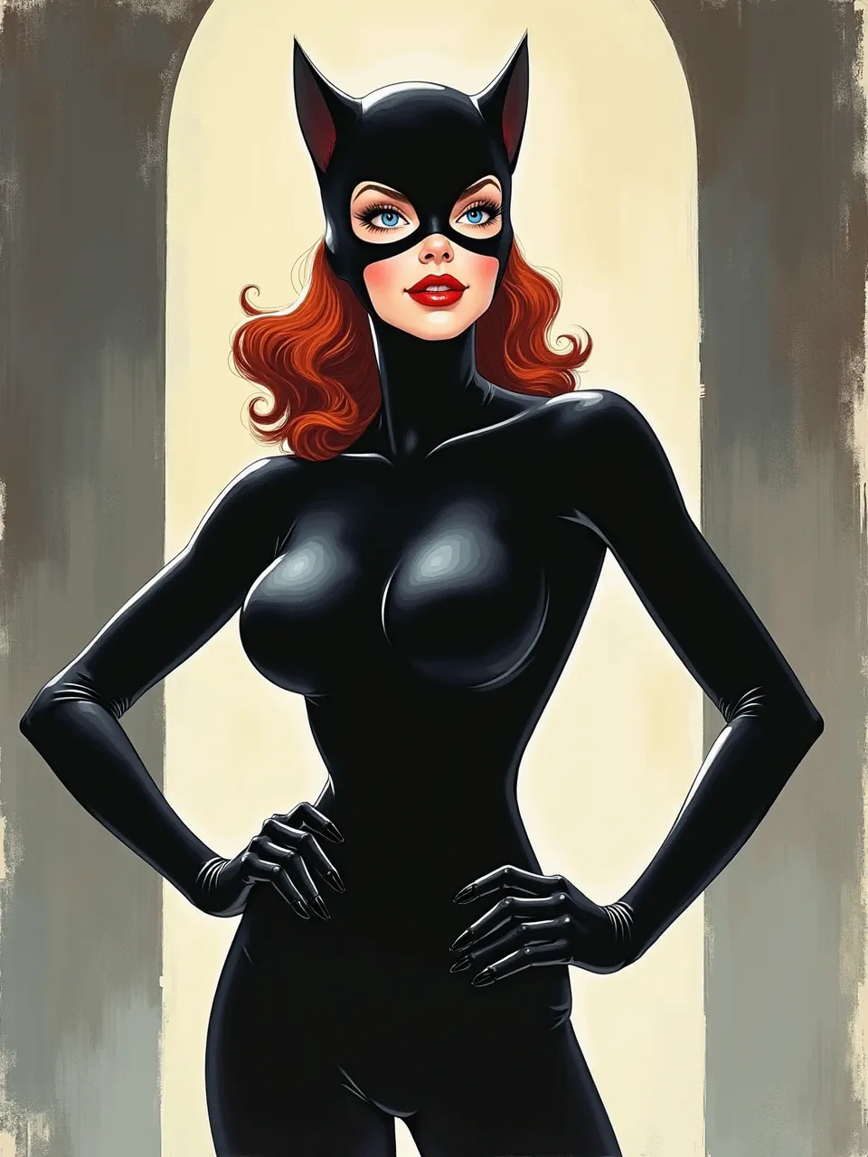 Alex Schomburg-style Catwoman art: dramatic lighting highlights glossy black catsuit textures. This vibrant digital illustration captures classic comic book medium allure.