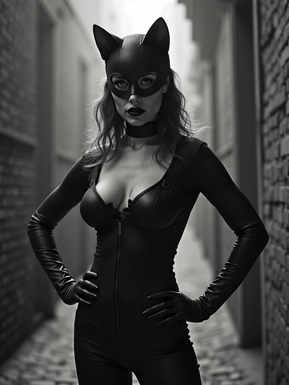 Stunning Catwoman portrait in Alex Timmermans' vintage wet plate photography style. Dramatic lighting accentuates rich leather textures and a timeless, noir aesthetic.