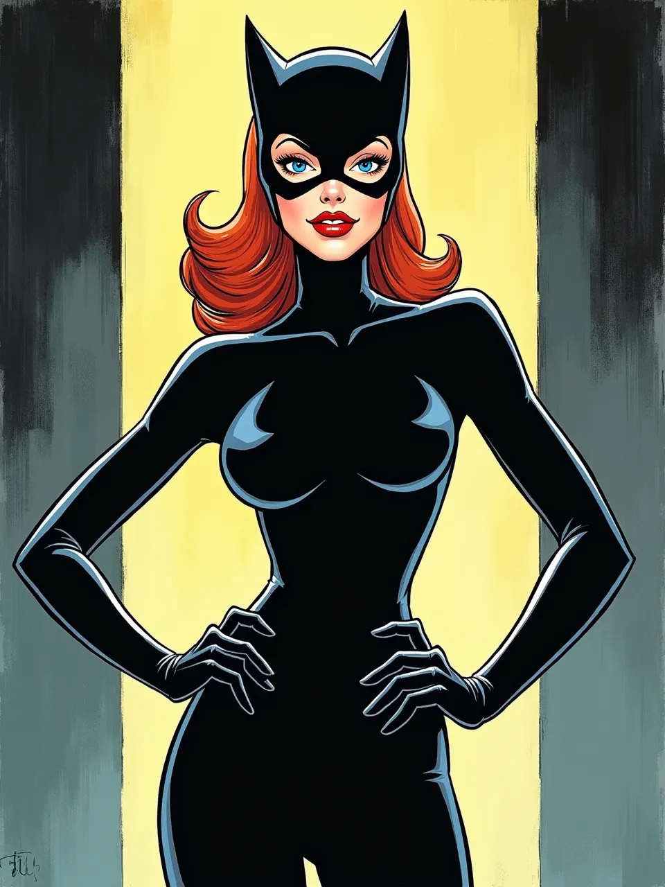 Alex Toth-inspired Catwoman shines! Dramatic backlighting emphasizes glossy suit textures in this clean digital comic art illustration. Bold linework and classic style define the medium.