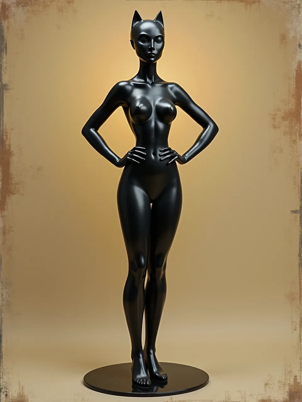 This Alexander Archipenko-inspired Catwoman sculpture boasts glossy black textures under dramatic lighting, rendering a sleek modernist sculptural artistic medium.