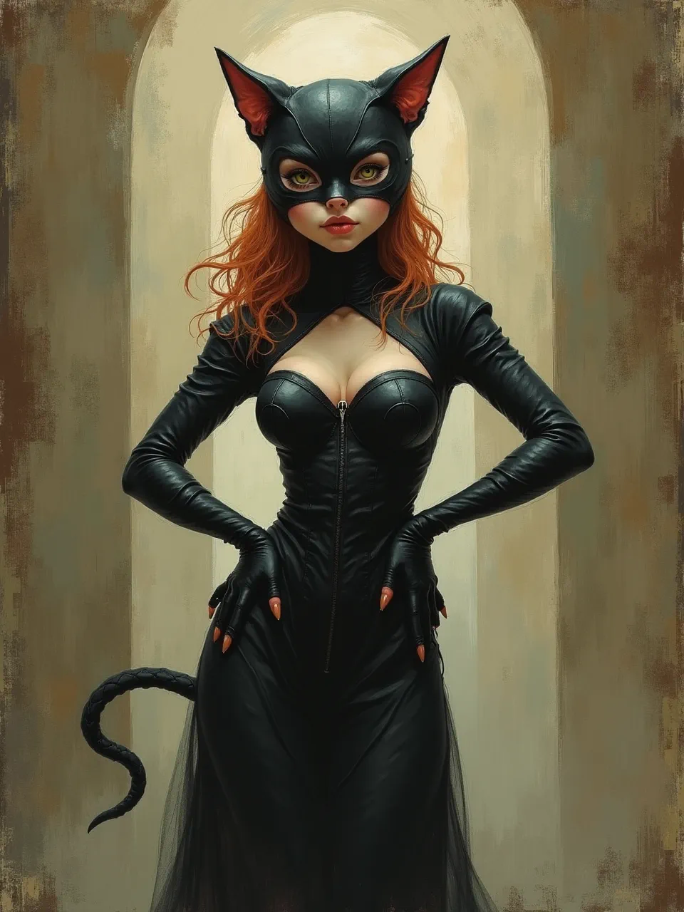 This Alexander Jansson-style Catwoman features soft, atmospheric lighting accentuating sleek leather textures. The exquisite digital painting artistic medium defines her enigmatic allure with painterly detail.