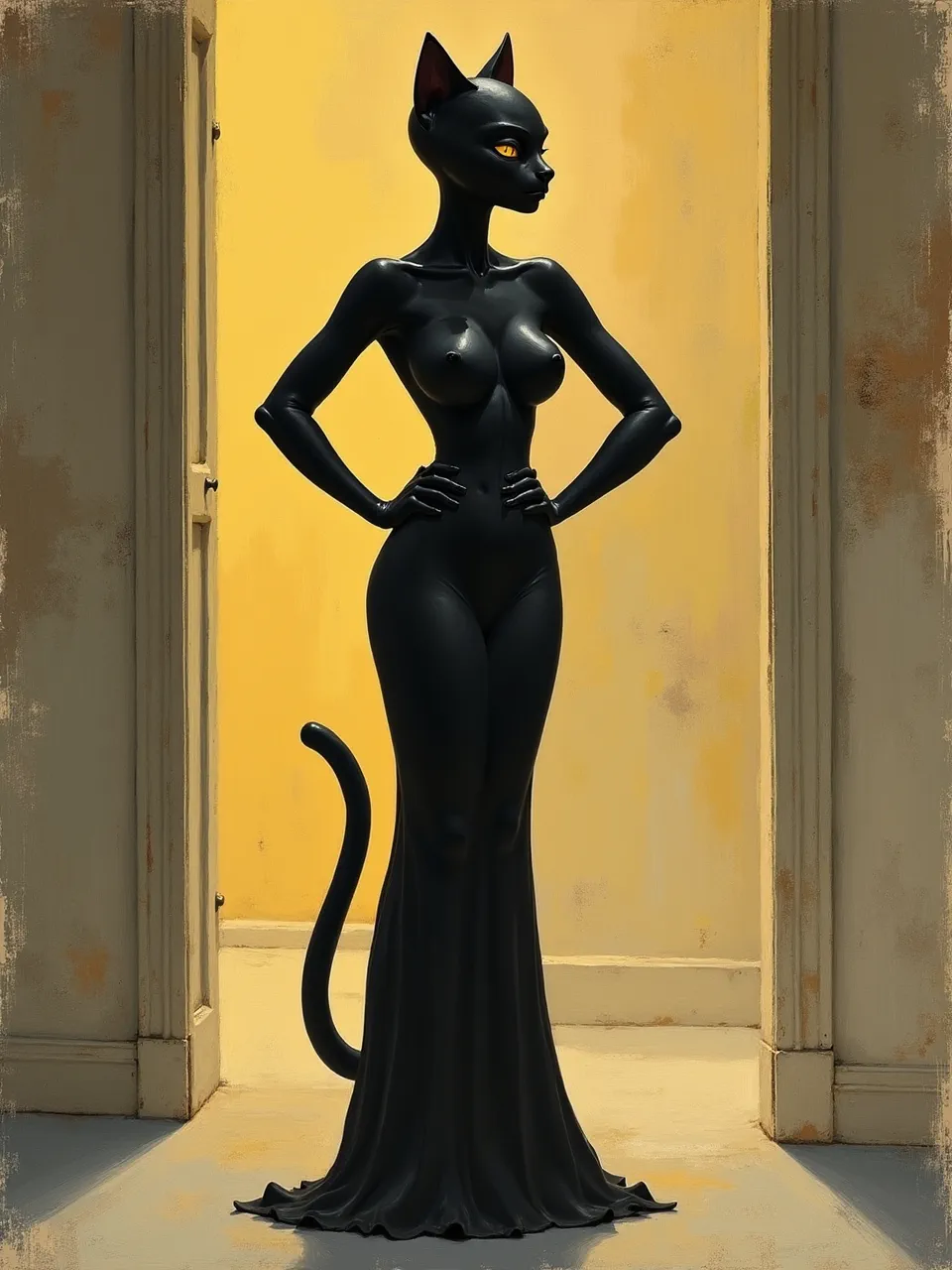 This Alexandre Benois-inspired Catwoman, a sleek digital painting, features dramatic lighting defining glossy, dark textures, highlighting its mysterious, theatrical elegance.