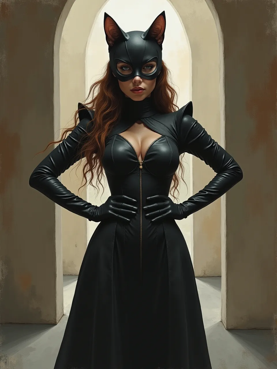 This Flux AI Catwoman generation, inspired by Alexei Savrasov's classic oil painting style, showcases dramatic lighting accentuating glossy leather textures and the medium's rich atmospheric depth.
