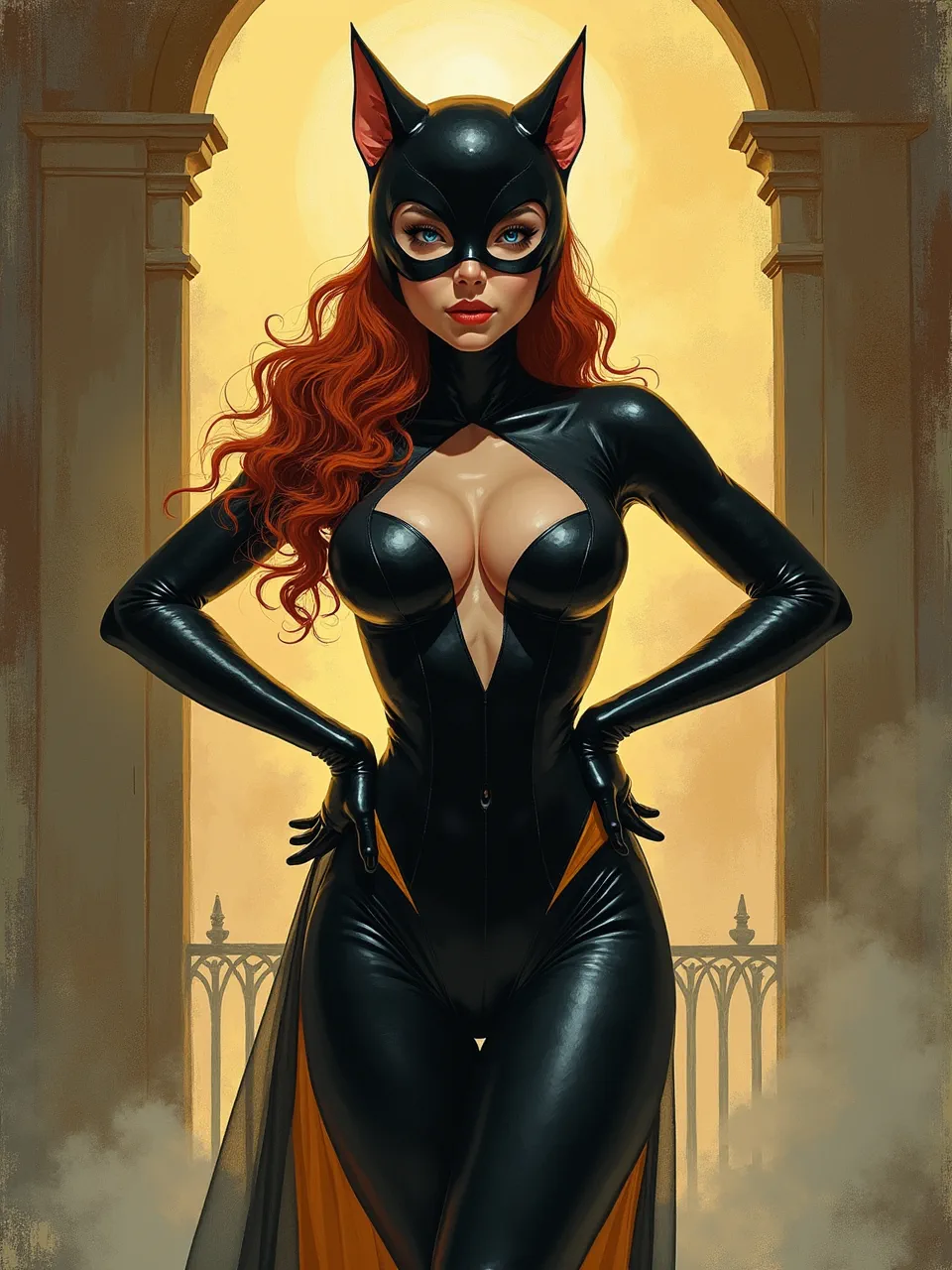 This Catwoman generation by Flux AI embodies Alfons Mucha's elegant illustrative art. Dramatic golden backlighting enhances sleek, glossy suit textures within this captivating digital painting.