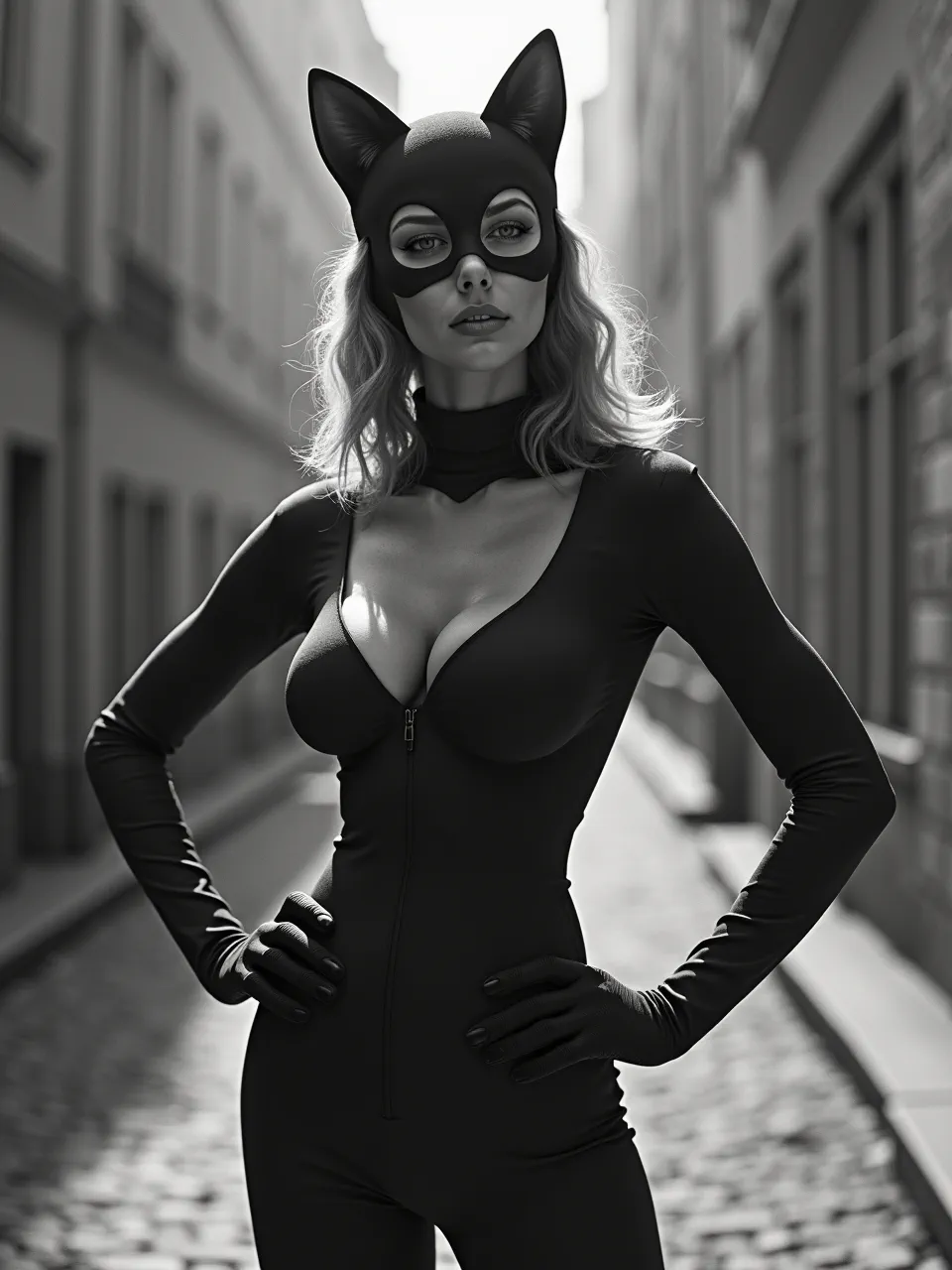 Experience Alfons Walde's bold graphic style applied to Catwoman. Intense monochrome lighting enhances sleek fabric textures and urban grit in this striking digital art piece.