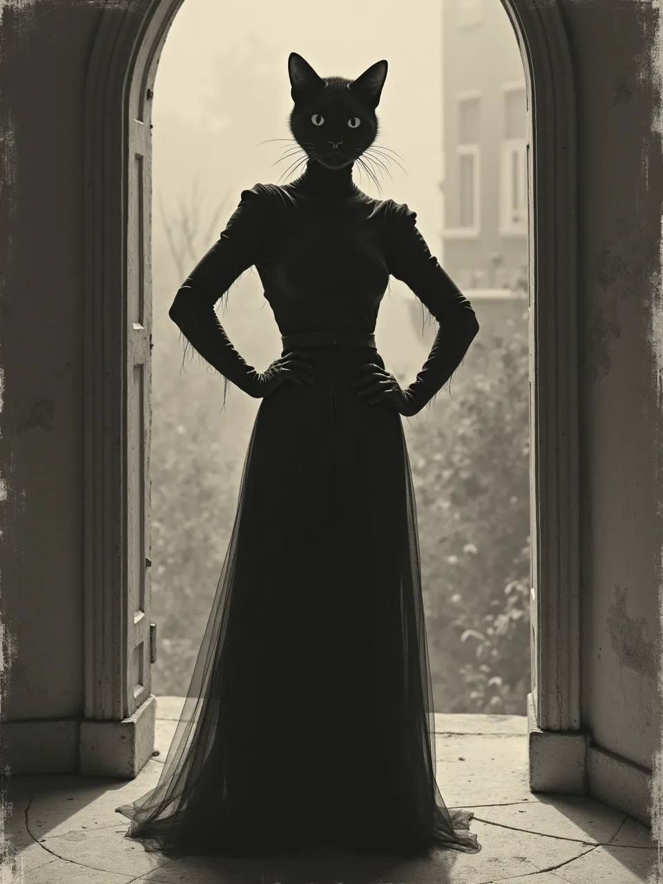 Flux AI generates Alfred Kubin's Catwoman, utilizing stark lithographic ink, dramatic backlighting, and gritty textures, evoking haunting, sepia-toned mastery.
