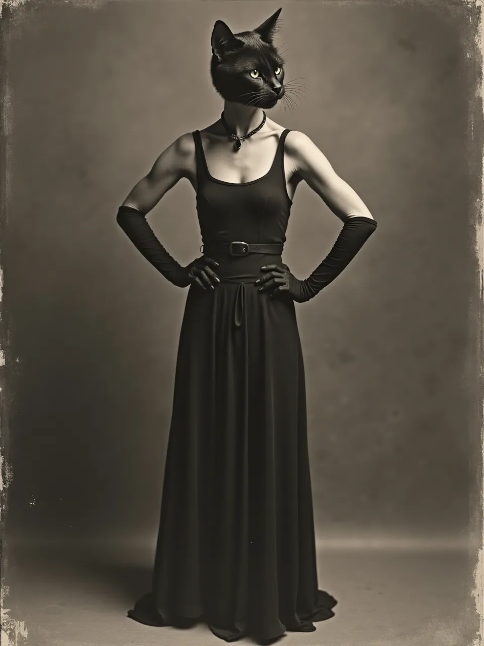 This captivating Alfred Stieglitz-inspired Catwoman AI portrait features dramatic lighting emphasizing luxurious textures in vintage sepia photography, delivering an iconic, artfully generated image.