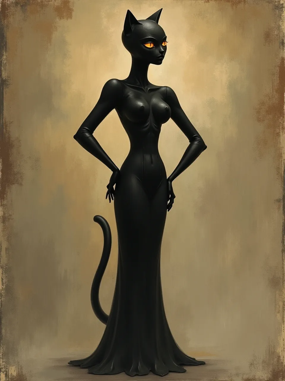 Flux AI's Catwoman, styled by Alfred Wallis. Rustic lighting and naive textures sculpt this figure. The specific artistic medium evokes an aged, primitive painterly aesthetic with piercing eyes.