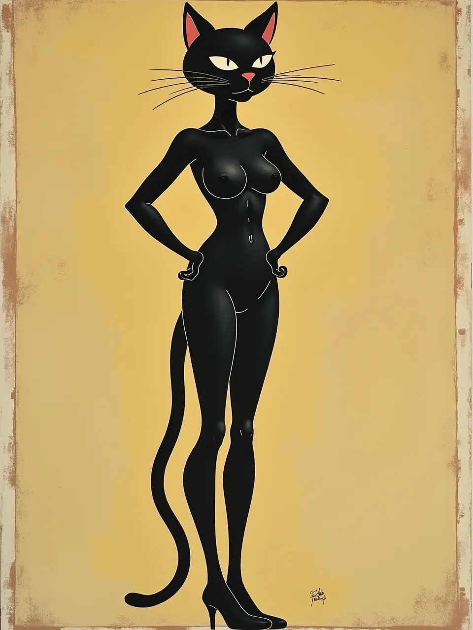 This Flux AI Catwoman image, in striking Alice Neel-style digital painting, features strong, flat lighting and smooth textures. Its minimalist forms create an expressive, captivating character portrait.
