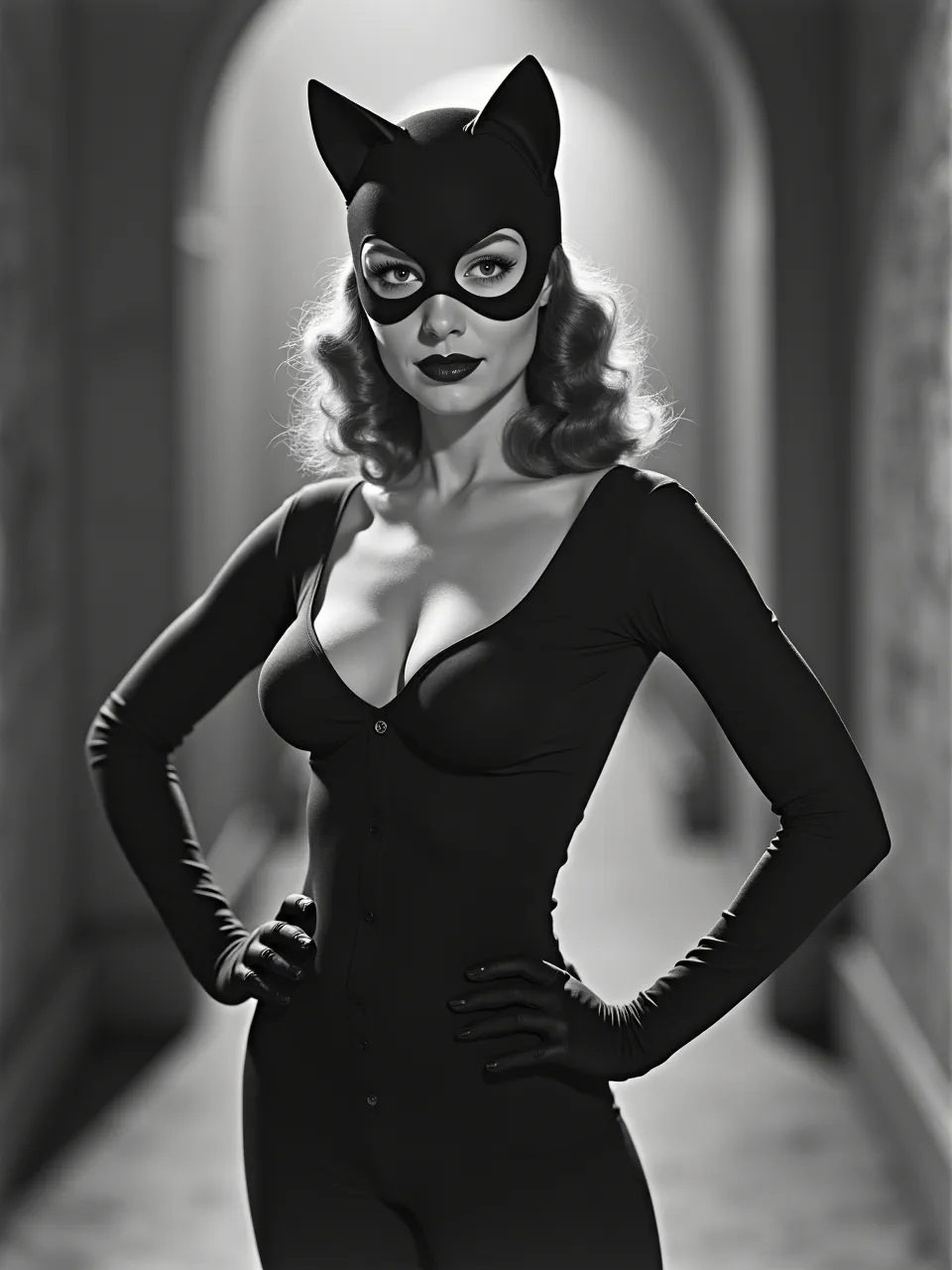 This Flux AI generation captures Catwoman in the dramatic style of Alvin Langdon Coburn. Stylistic lighting enhances her vintage appeal, while black-and-white photographic artistry highlights subtle textures, creating a pictorialist.