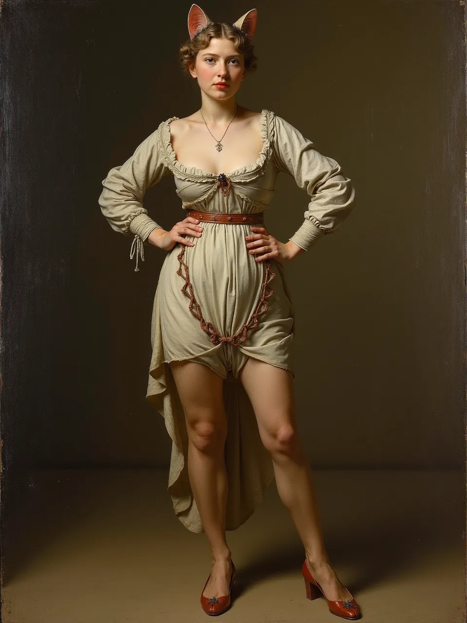 This Ambrosius Bosschaert-inspired Catwoman oil painting utilizes masterful lighting, revealing exquisite textures on draped fabric and skin. This dramatic canvas generates a compelling fusion of Renaissance artistry and iconic character.