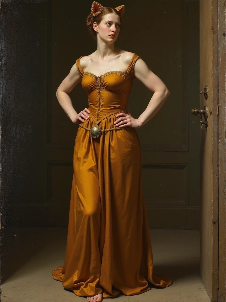 This stunning Ambrosius Holbein-inspired Catwoman oil painting showcases dramatic lighting, capturing the rich, flowing silk textures and detailed realism characteristic of Renaissance portraiture.