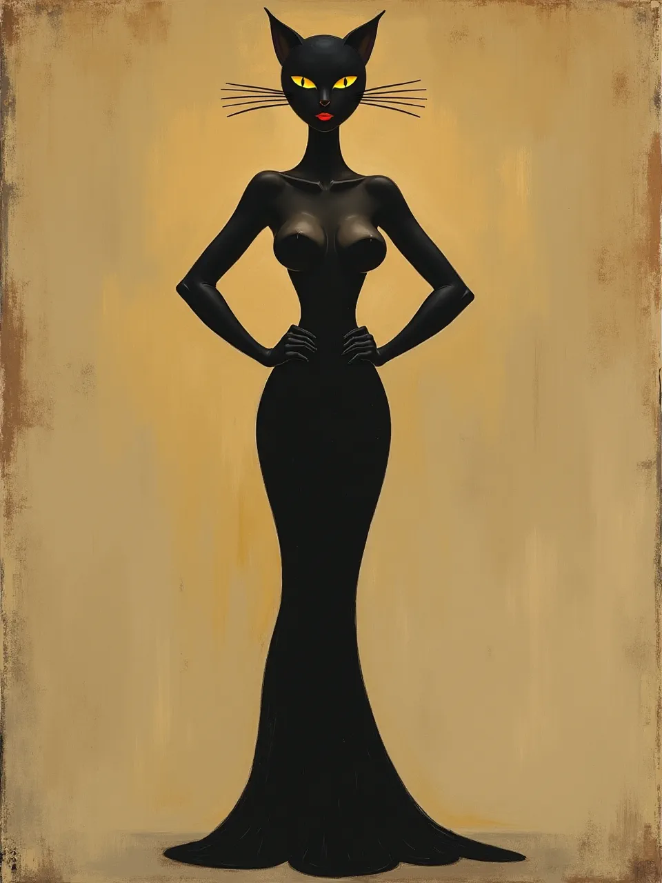 This Amedeo Modigliani-inspired Catwoman oil painting showcases elegant, elongated forms with striking lighting and rich, painterly canvas textures. A captivating, stylized art portrait.