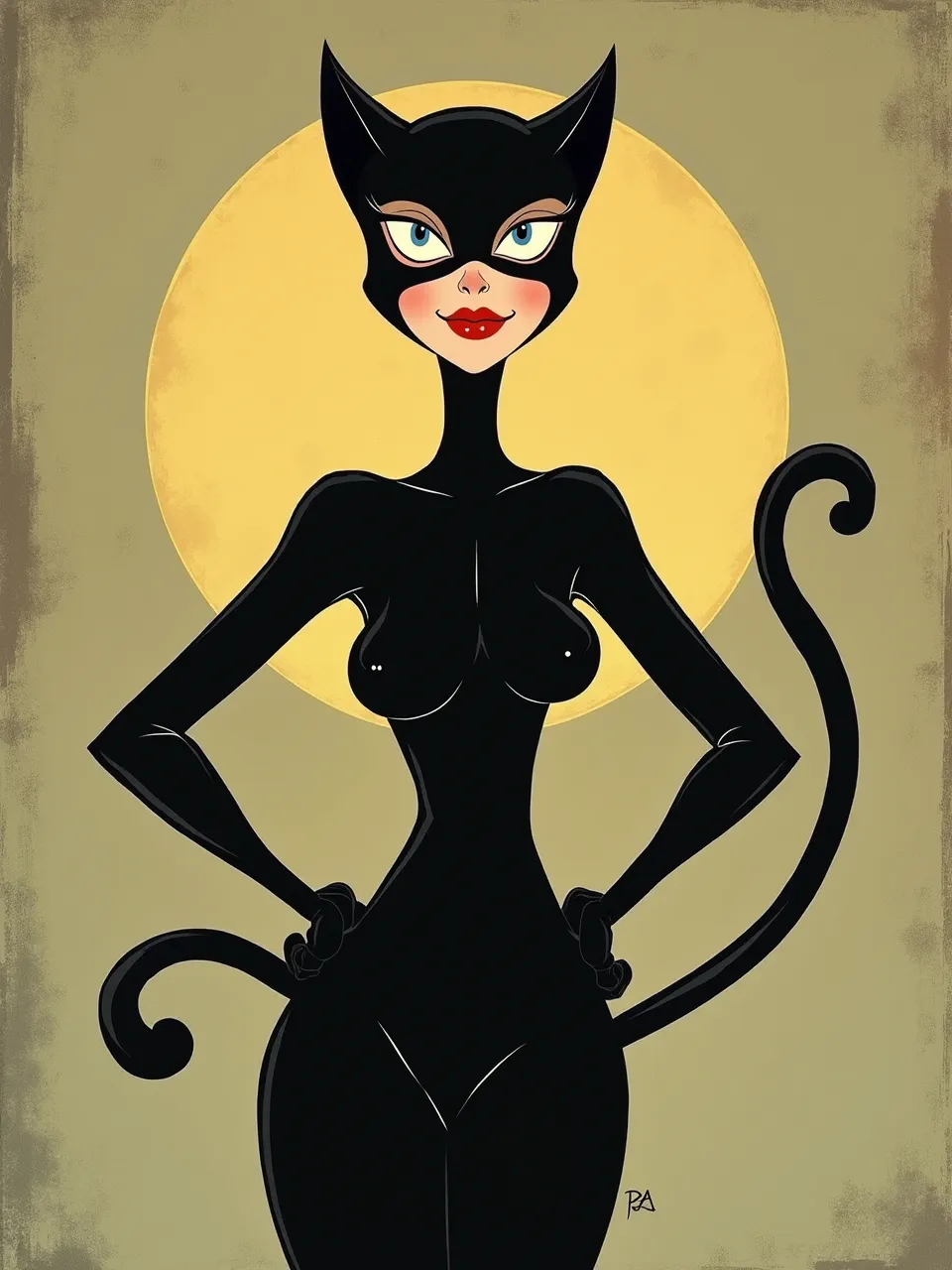 This striking Amy Earles style Catwoman digital illustration showcases stylized lighting and glossy textures. Its retro aesthetic features subtle vintage background texture, making it a captivating artwork.