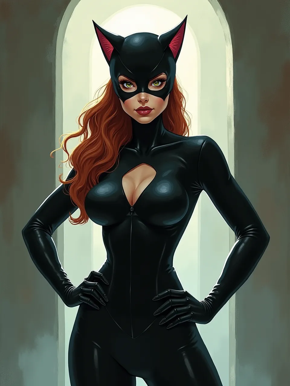 This Catwoman digital painting, echoing Anato Finnstark's style, showcases dramatic backlighting on glossy textures. Vibrant hair and cinematic lighting define this exquisite character art.