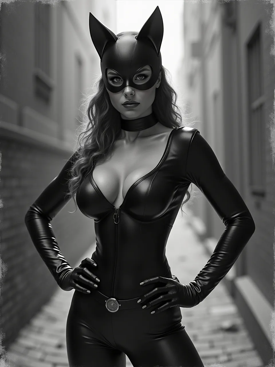 Experience Catwoman rendered with Anders Zorn's signature chiaroscuro lighting and tactile leather textures. A dramatic monochrome digital artwork, capturing classic portraiture and superhero noir.